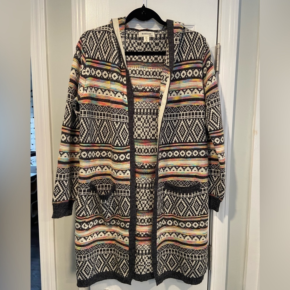 Monteau Size M Neon Stripe Black Cream Aztec Knit Open Front Hooded Cardigan